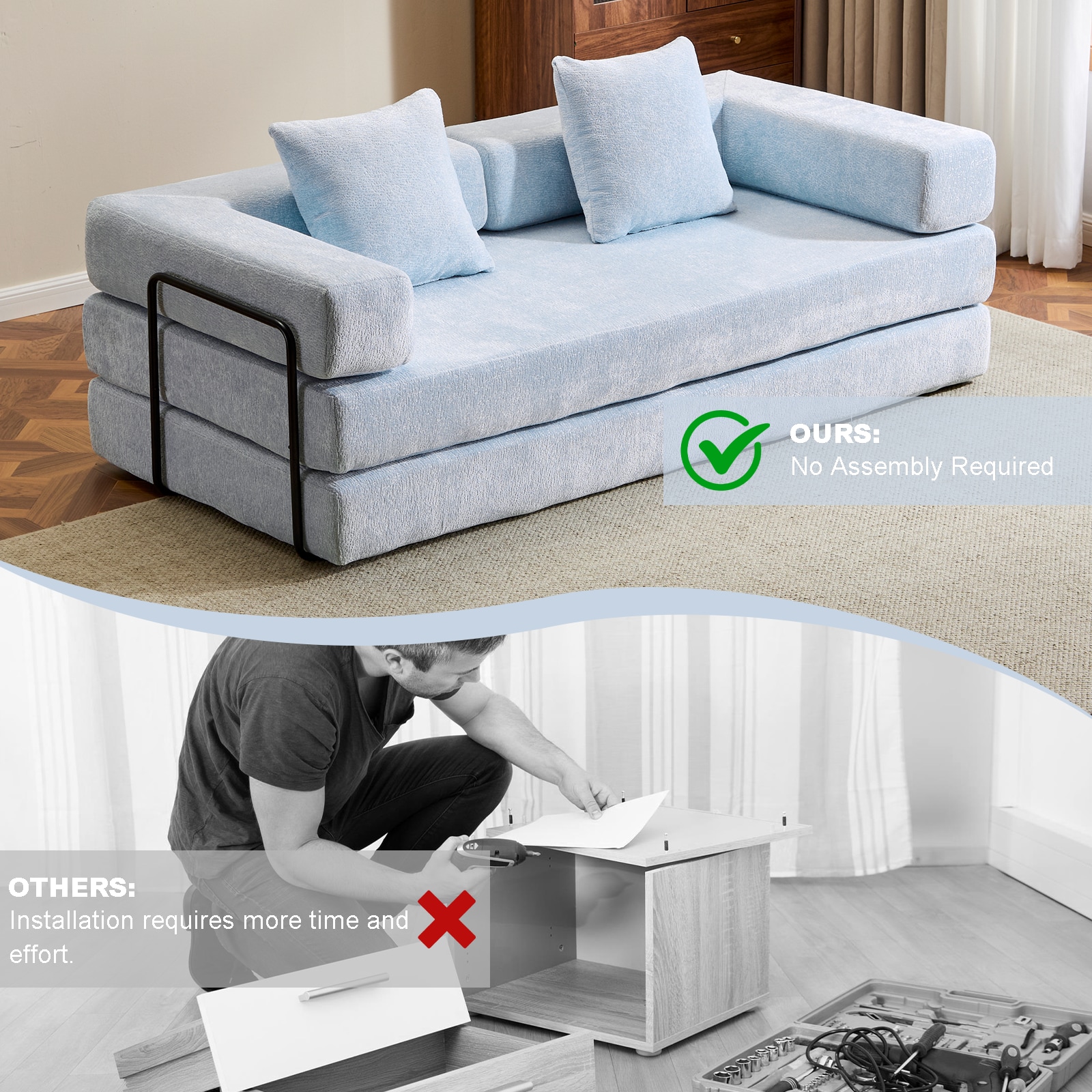 Floor Couch,Compression Sofa,Convertible Floor Sofa Bed-with Pillow Back Support Armrest,Comfy Futon Couch Lounge Sleeper Bed (Light-Blue)_voghion.com